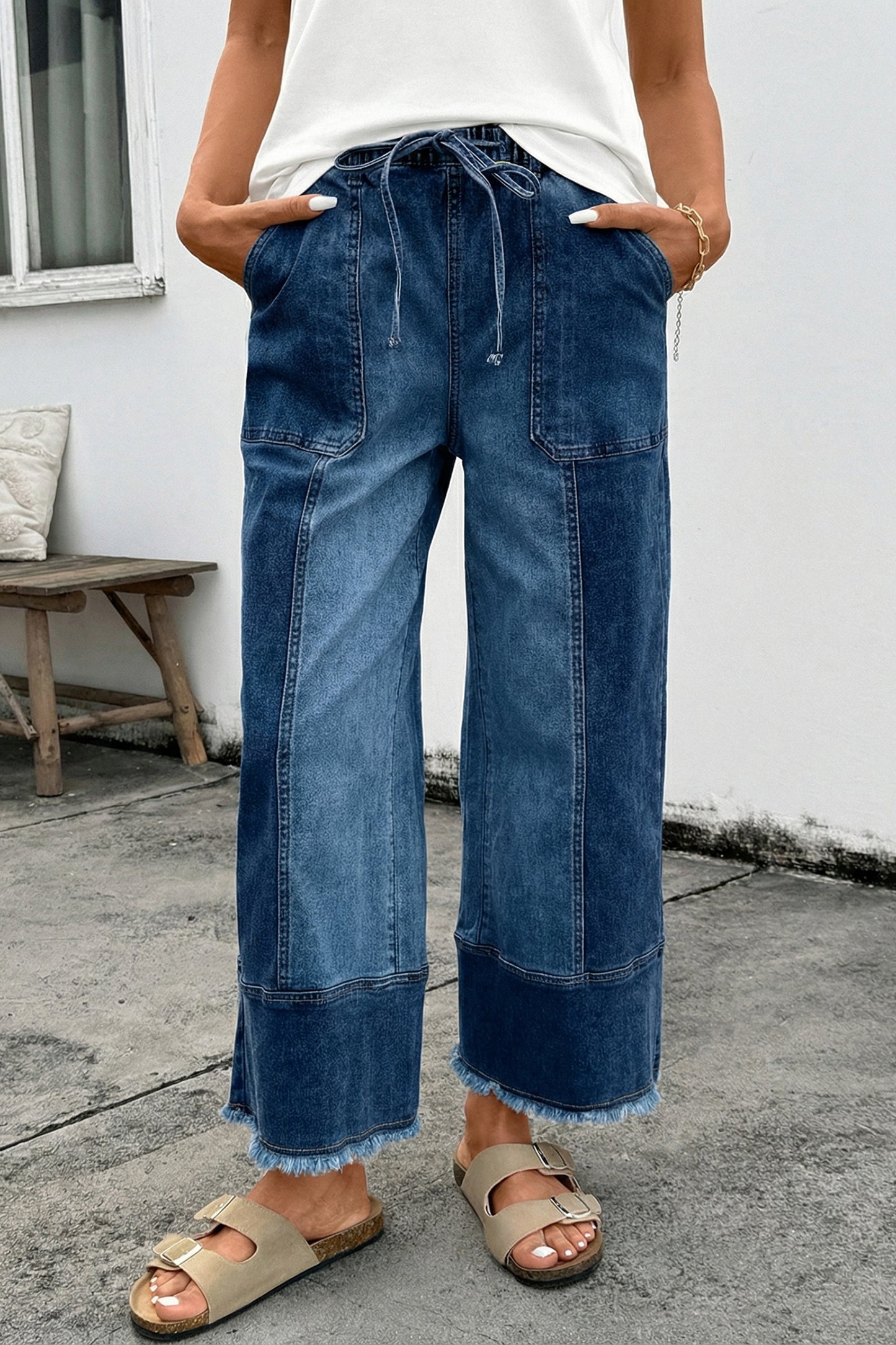 Prussian Blue Drawstring Seam Detail Raw Hem Wide Leg Denim Pants