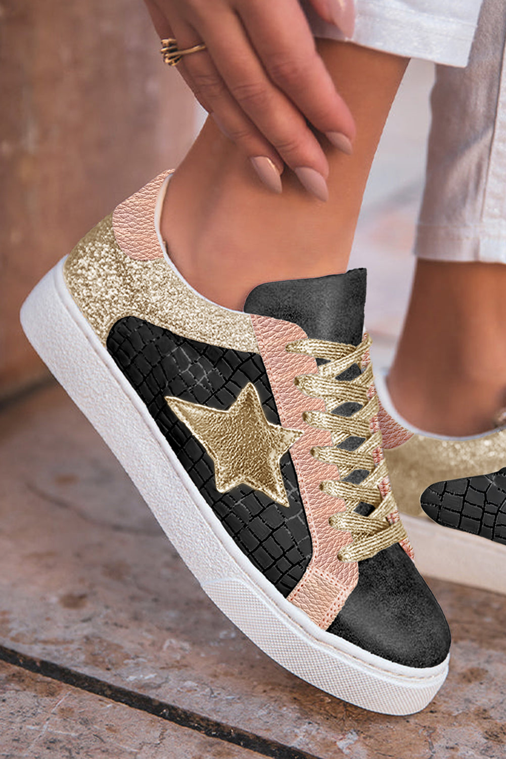 Rose Gold Glitter Star Patchwork PU Leather Lace-up Sneakers