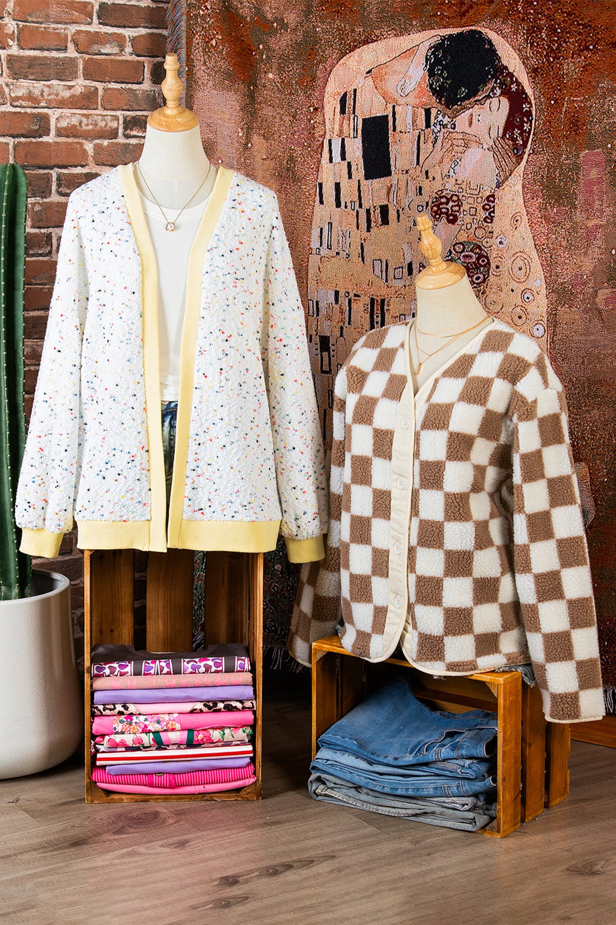 White Abstract Confetti Pattern Color Block Ribbed Cuffs Casual Cardigan