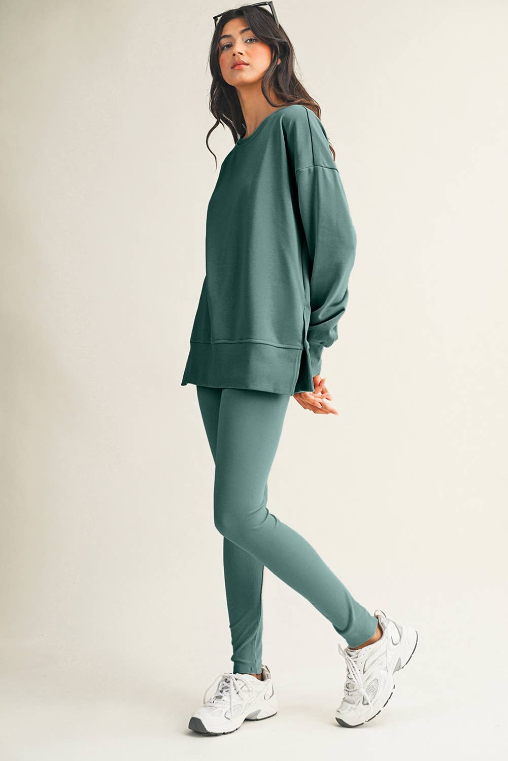 LDC Solid Color Slit Sweatshirt Ribbed Leggings 2pcs Set: Green Bay / XL