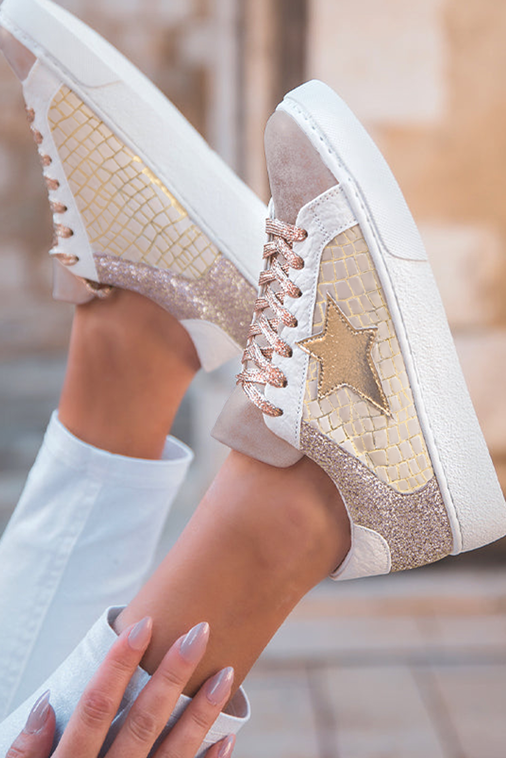 Dearlove Gold Glitter Star Patchwork PU Leather Lace-up Sneakers