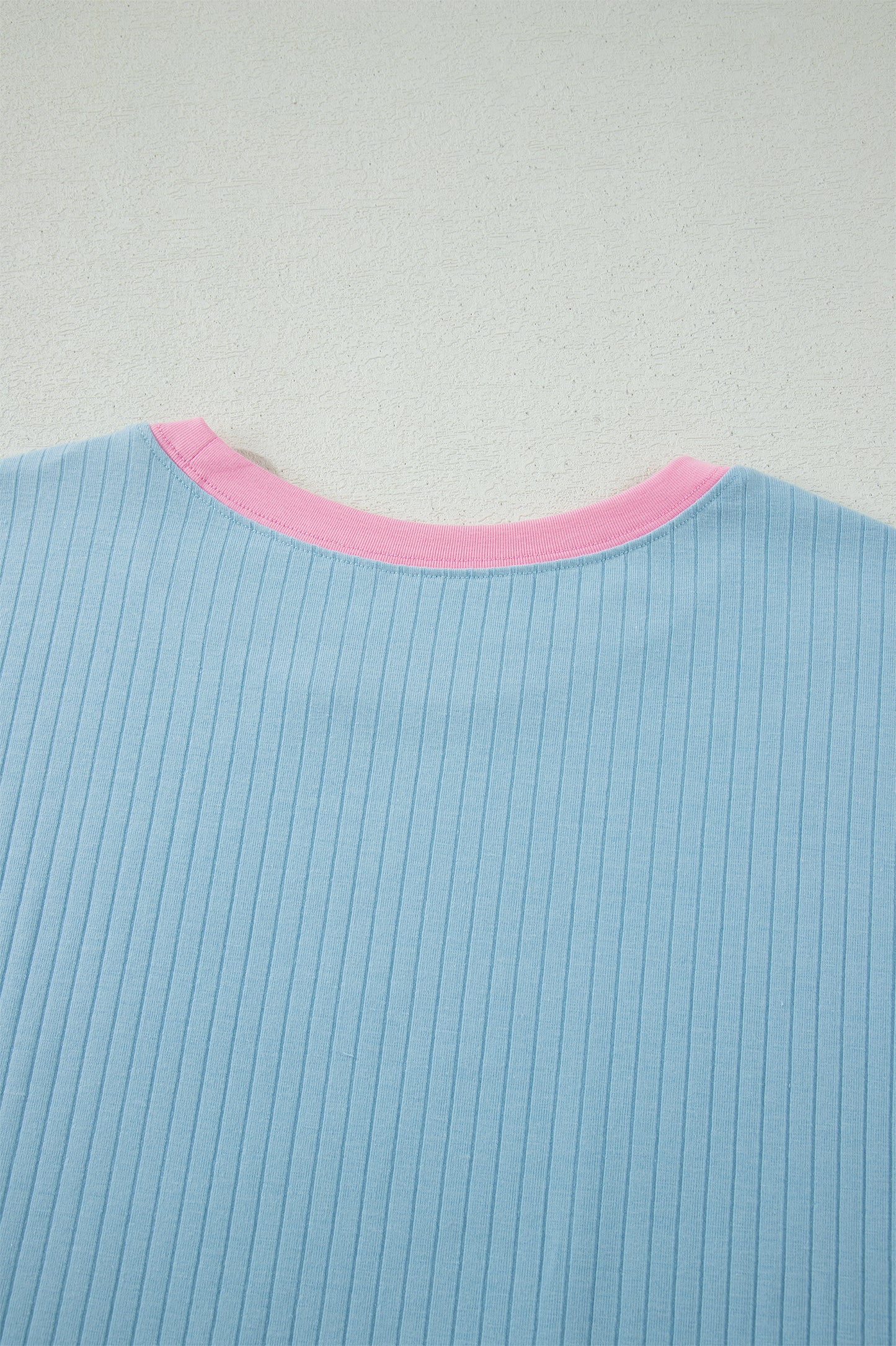 Mist Blue Soft Ribbed Color Block Trim Casual Short Set