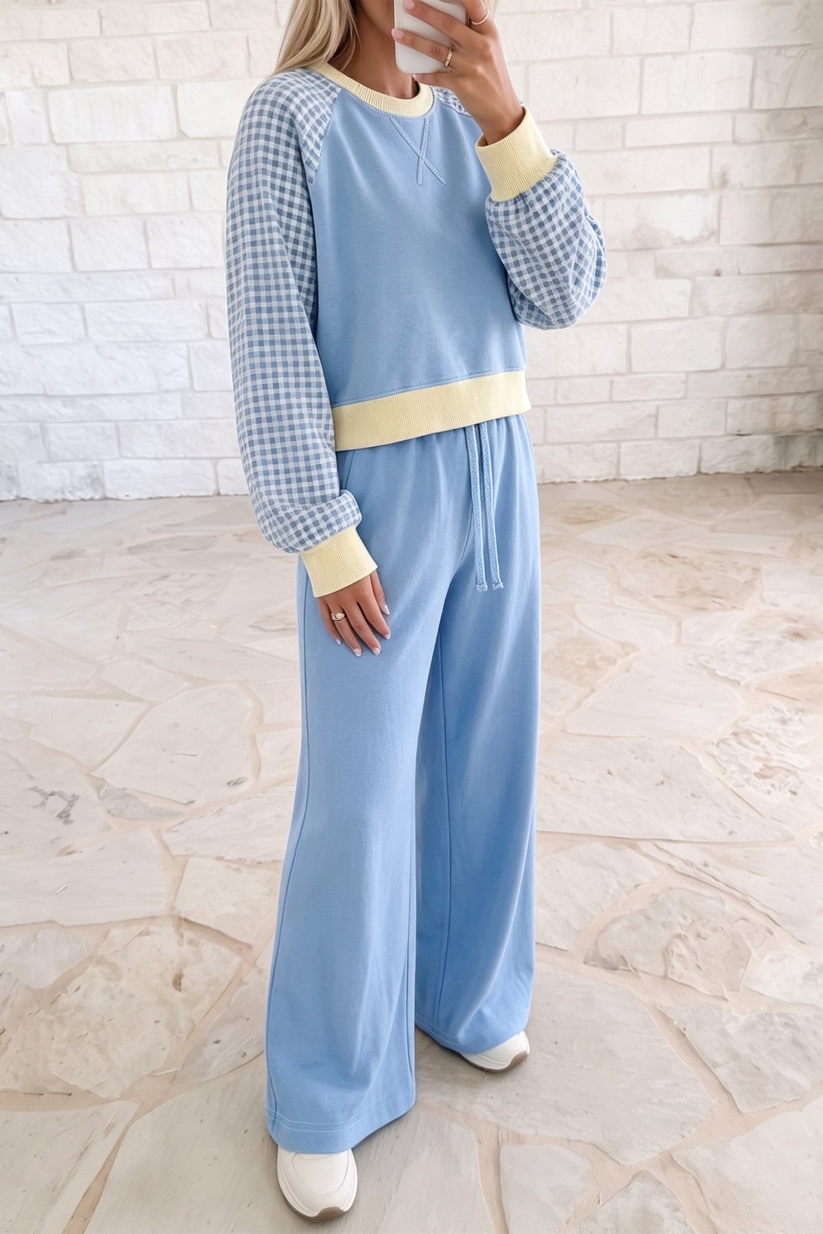 Light Blue Color Block Plaid Raglan Sleeve Patchwork Top Casual 2pcs Pants Set