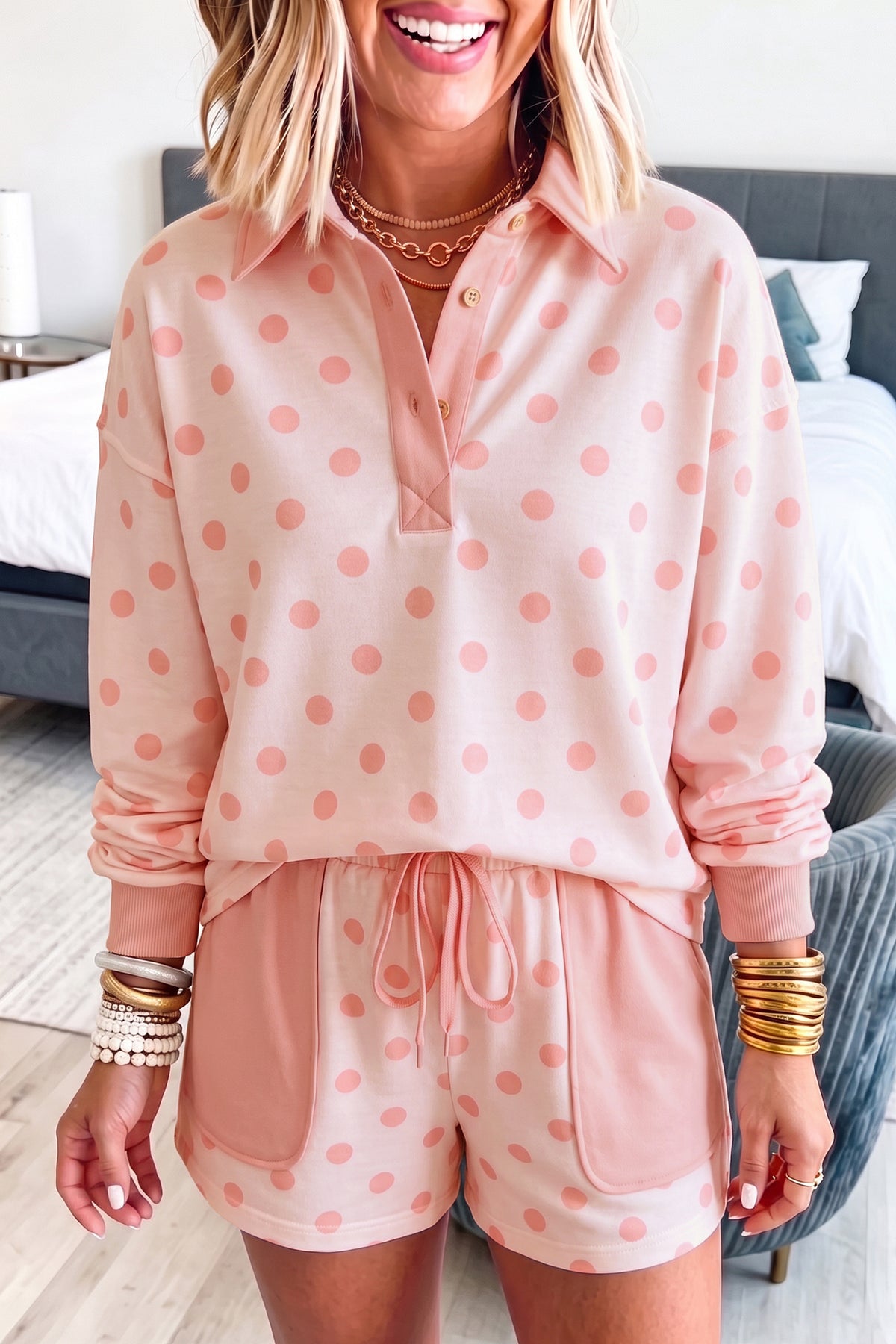 Khaki Polka Dot Drop Shoulder Polo Loose Pullover Patch Pocket Casual Shorts Set