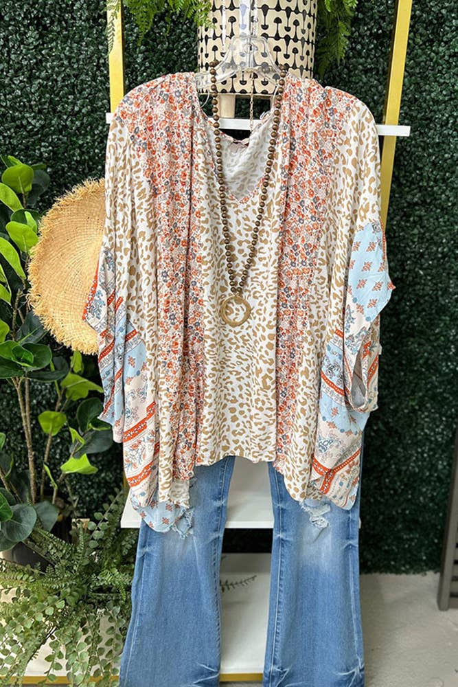 Color Block Leopard Floral Bat Wing Sleeves Blouse BBSP035: Pink / XL