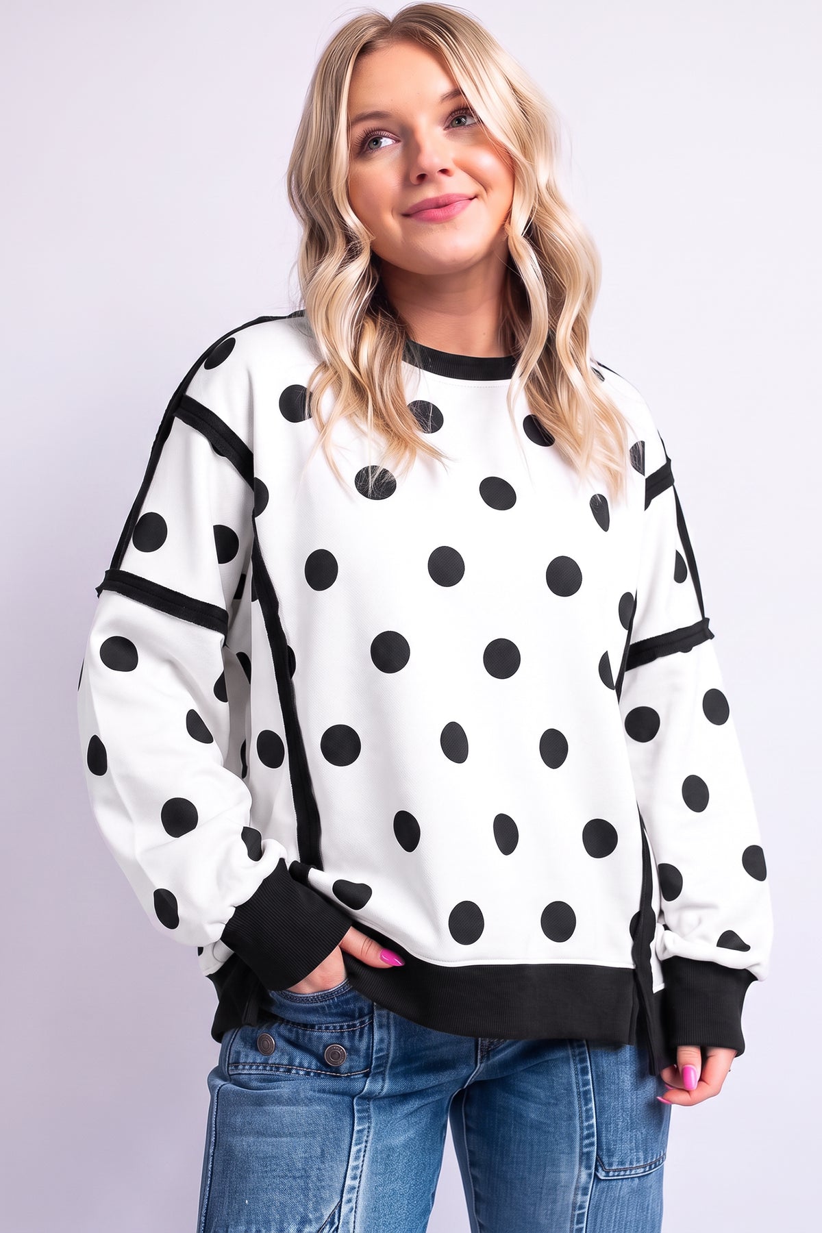 Yellow Polka Dot Contrast Patchwork Round Neck Baggy Sweatshirt
