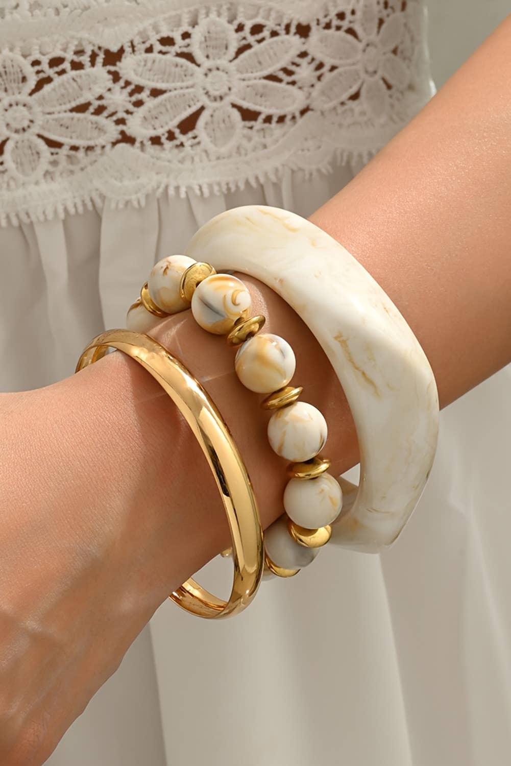 Sand Beach Bangle Gold Plated 3pcs Bracelet Set: White / ONE SIZE
