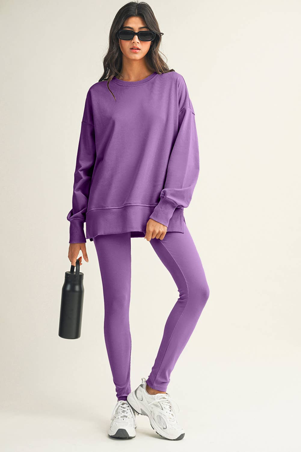 LDC Solid Color Slit Sweatshirt Ribbed Leggings 2pcs Set: Green Bay / XL
