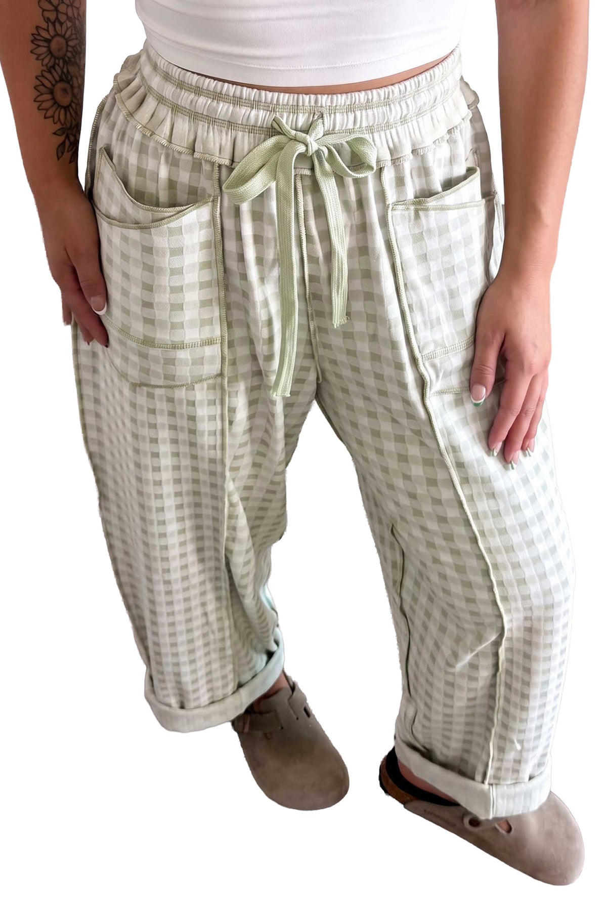 Brown Plaid Contrast Trim Drawstring Elastic Waist Shift Pants