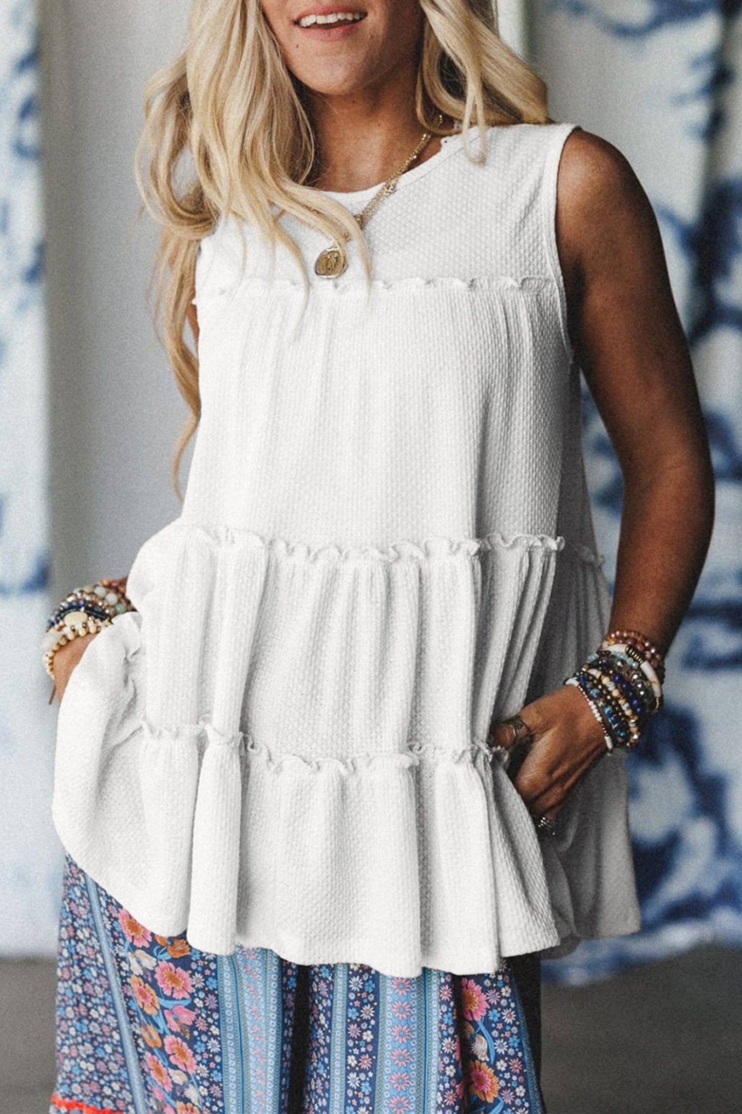 White Tiered Frill Trim A-line Tank Top: White / 97%Polyester+3%Elastane / S