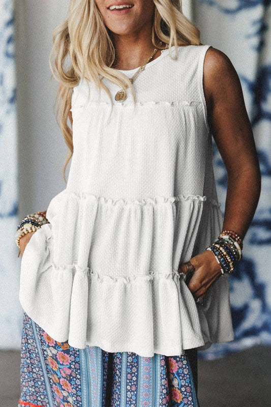 White Tiered Frill Trim A-line Tank Top: White / 97%Polyester+3%Elastane / S