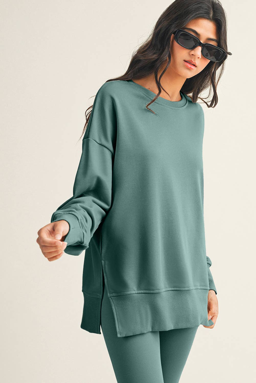 LDC Solid Color Slit Sweatshirt Ribbed Leggings 2pcs Set: Green Bay / XL