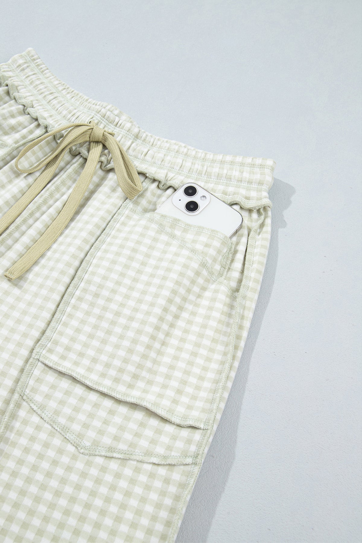 Brown Plaid Contrast Trim Drawstring Elastic Waist Shift Pants