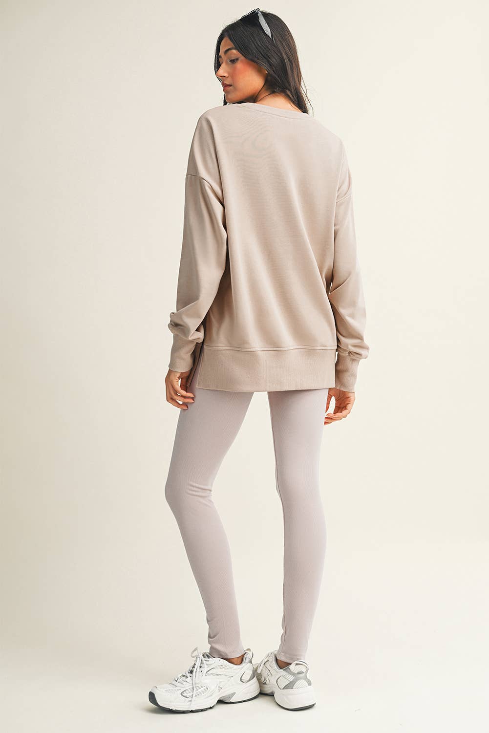 LDC Solid Color Slit Sweatshirt Ribbed Leggings 2pcs Set: Orchid Mist / XL