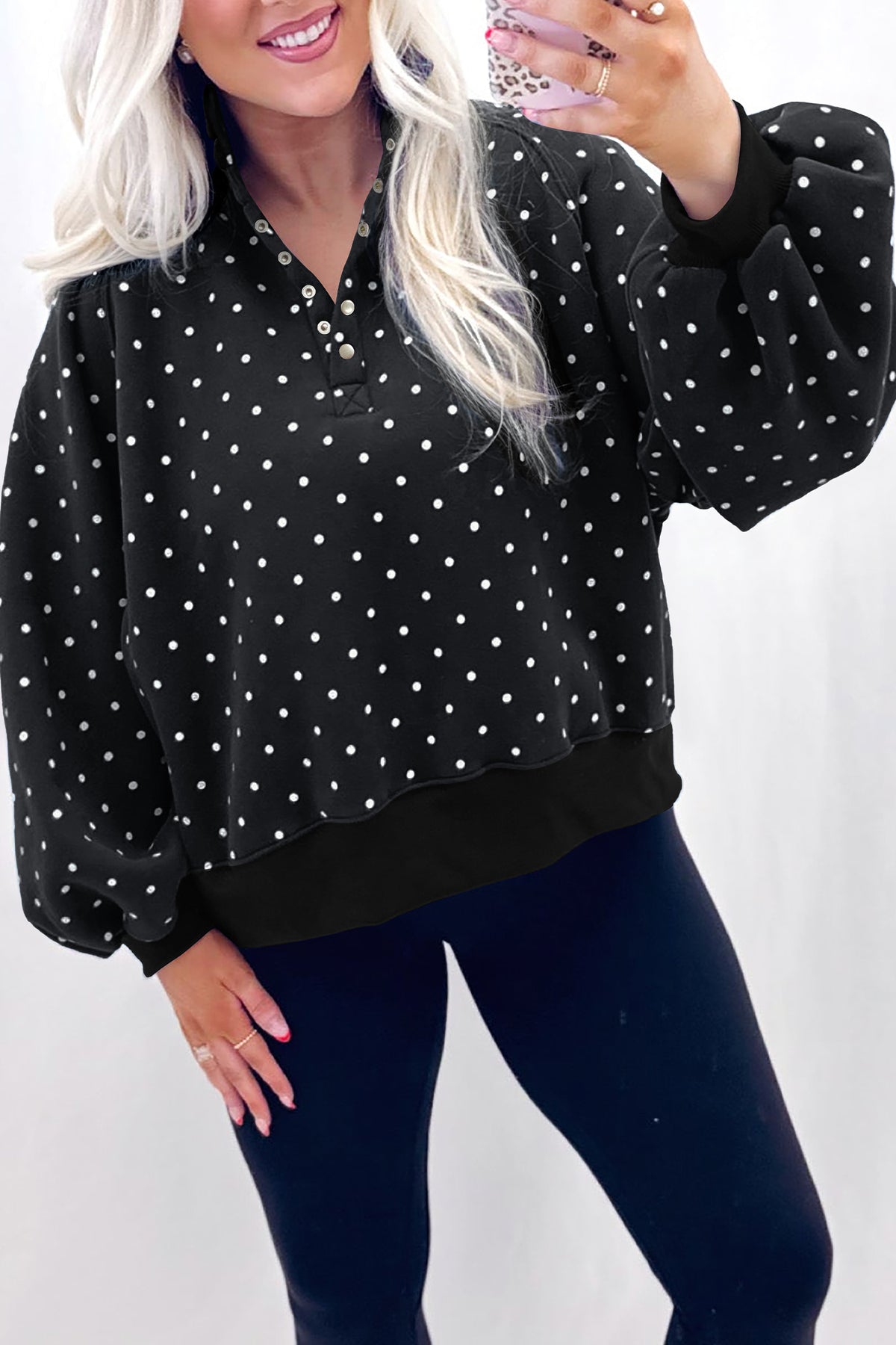 White Polka Dot Print Metal Button Collar Casual Pullover Sweatshirt