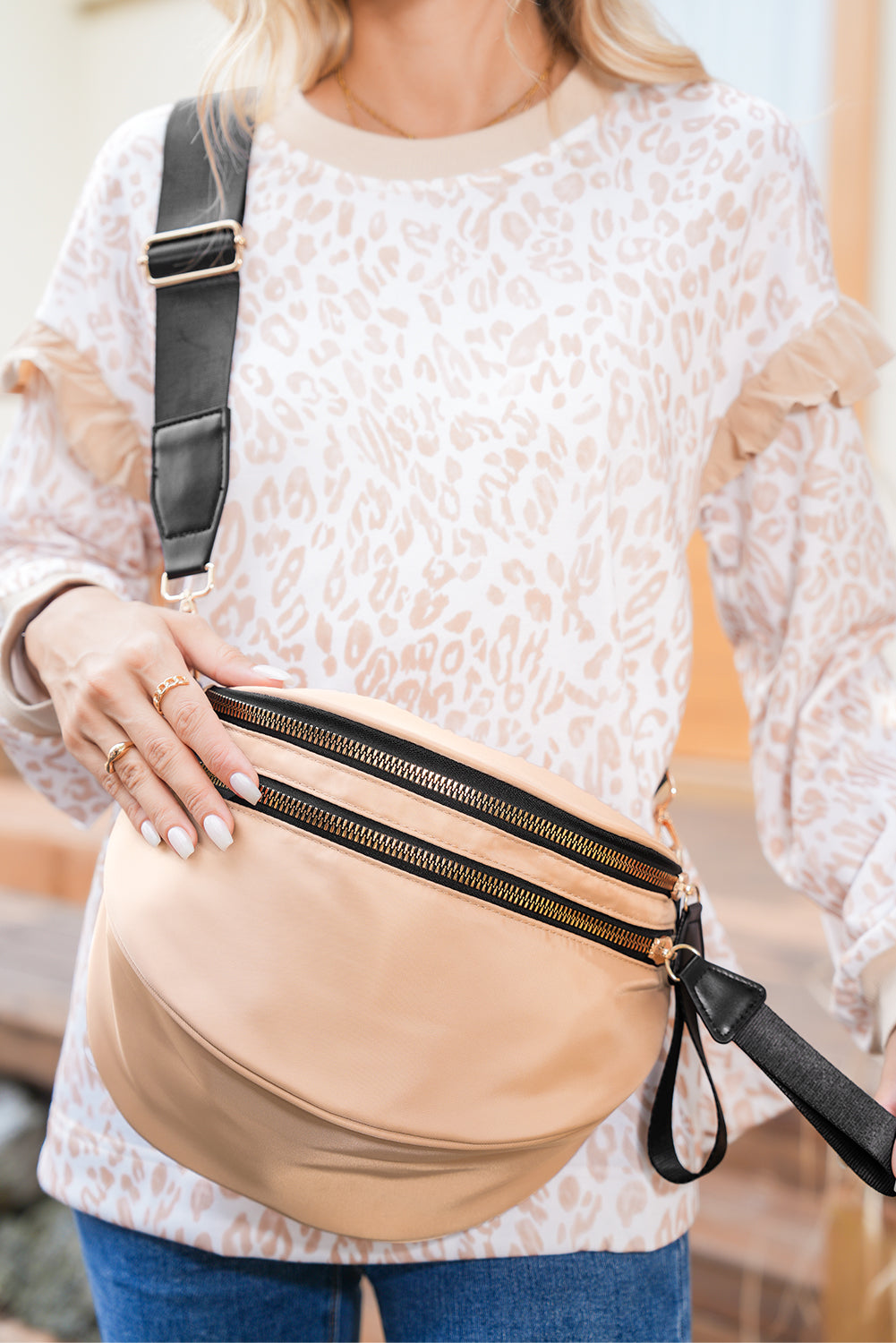 Light Blue Double Zip Crescent Shape Adjustable Sling Bag