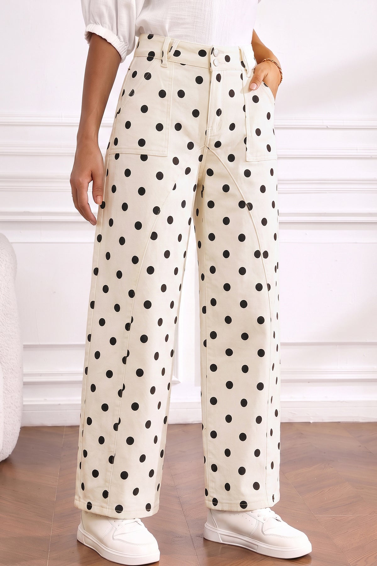 White Polka Dot Curved-Knife Ankle Denim Pants