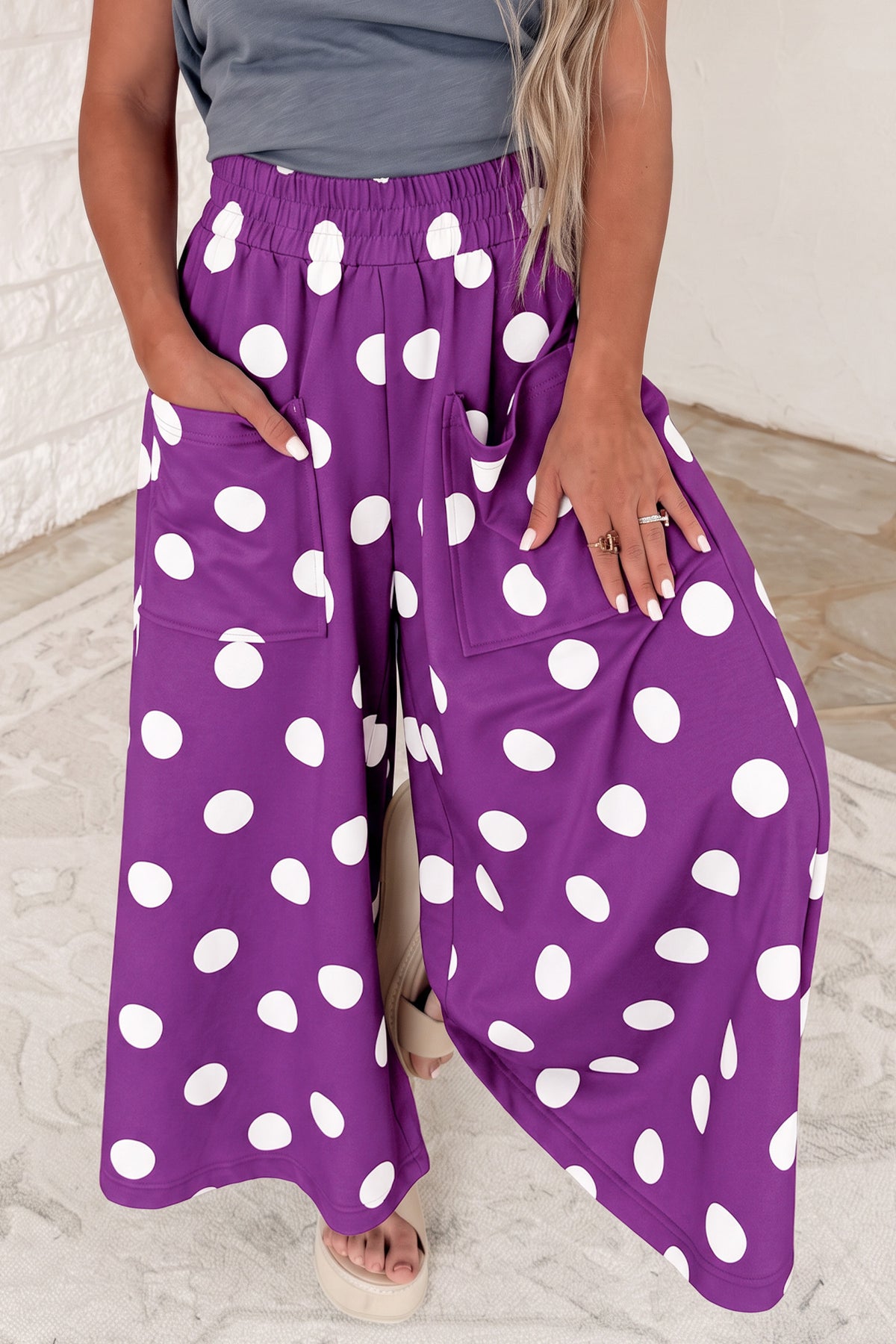 Burgundy Polka Dot Wide Leg Elastic Waist Casual Pants