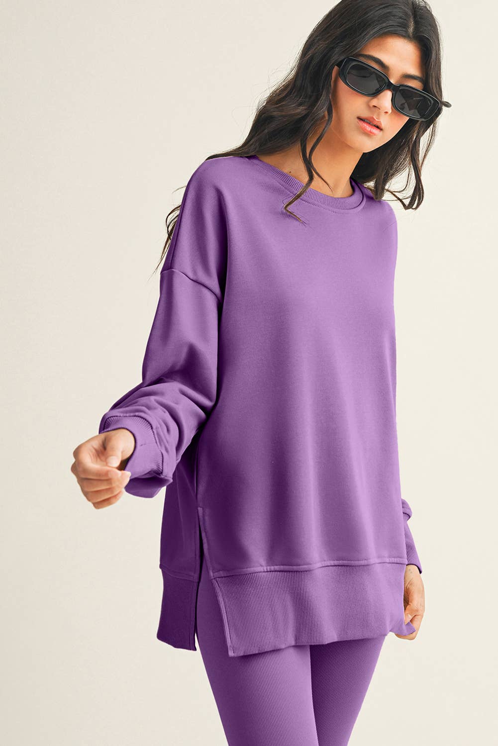LDC Solid Color Slit Sweatshirt Ribbed Leggings 2pcs Set: Green Bay / XL