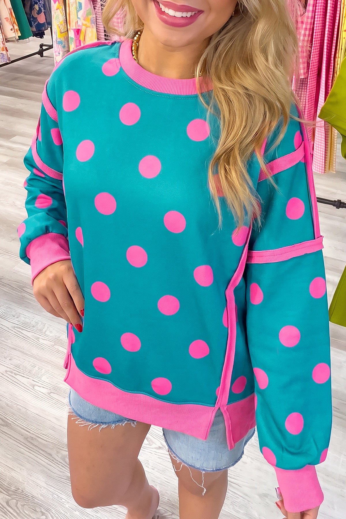 Yellow Polka Dot Contrast Patchwork Round Neck Baggy Sweatshirt