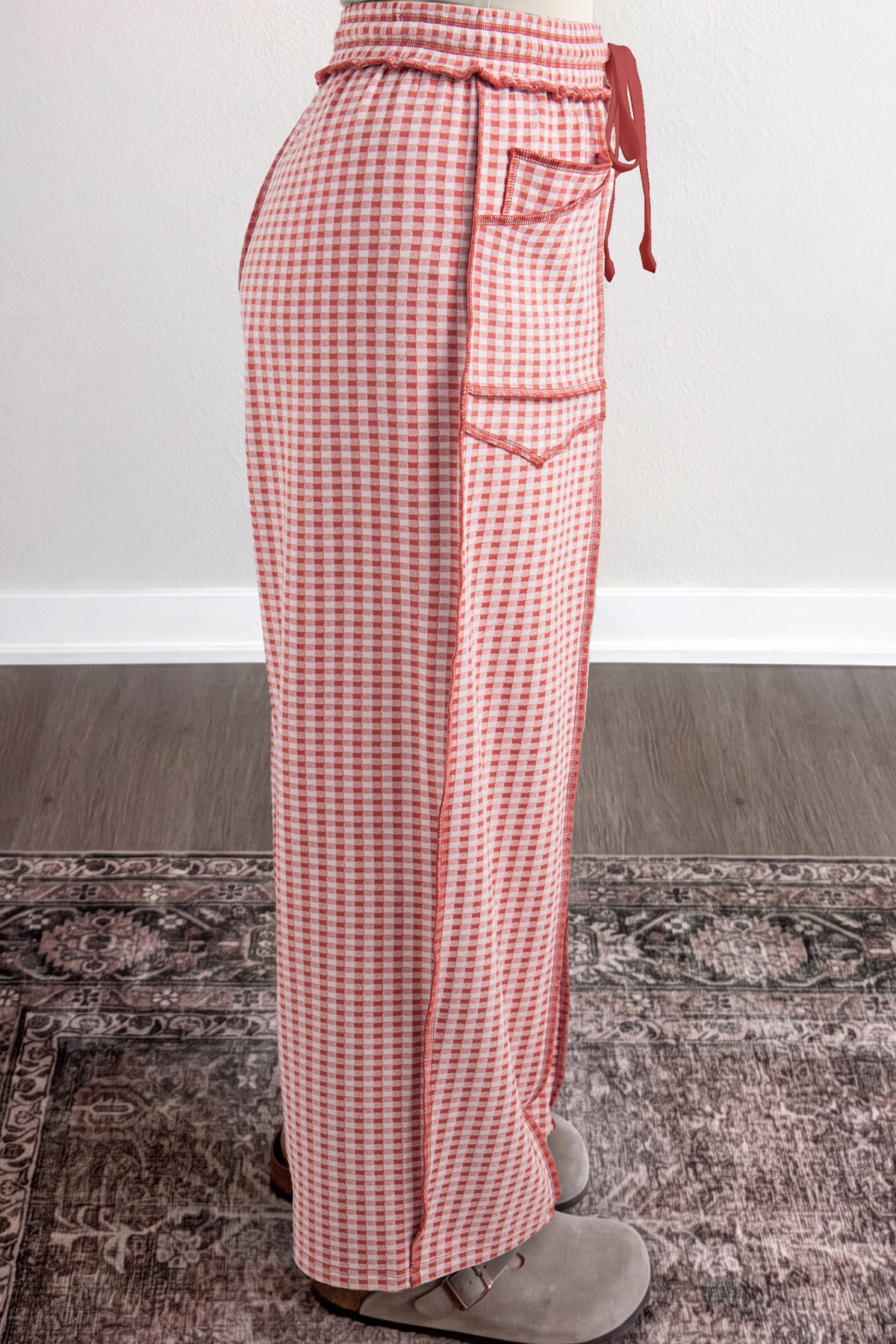 Brown Plaid Contrast Trim Drawstring Elastic Waist Shift Pants