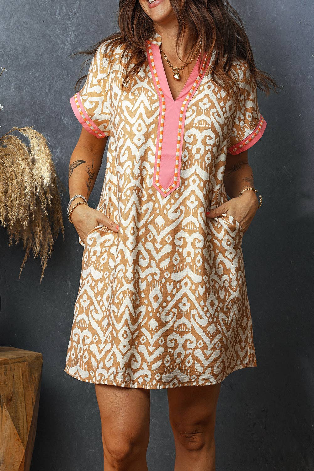 Khaki Western Fashion Print Striped Color Block Patchwork Shift Mini Dress: Khaki / 89%Viscose+11%Polyamide / S