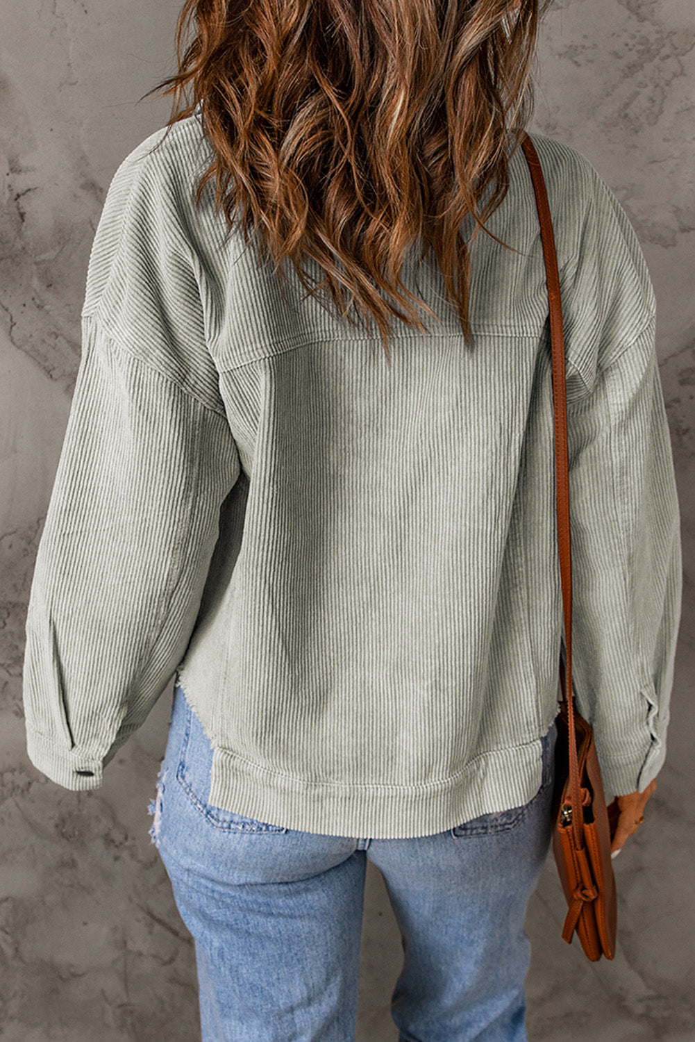 Sky Blue 100% Cotton Raw Hem Flap Pockets Cropped Corduroy Jacket