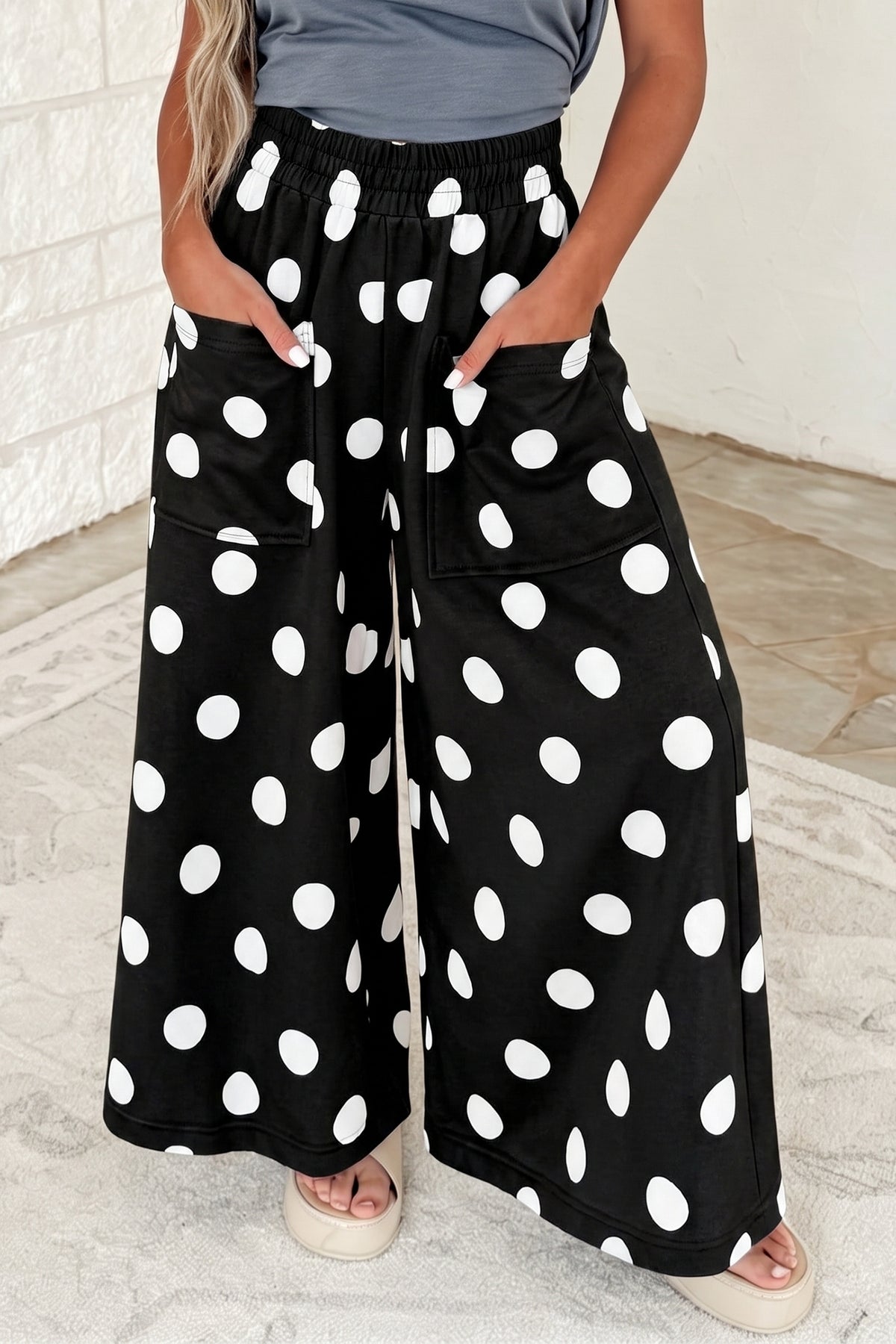 Burgundy Polka Dot Wide Leg Elastic Waist Casual Pants