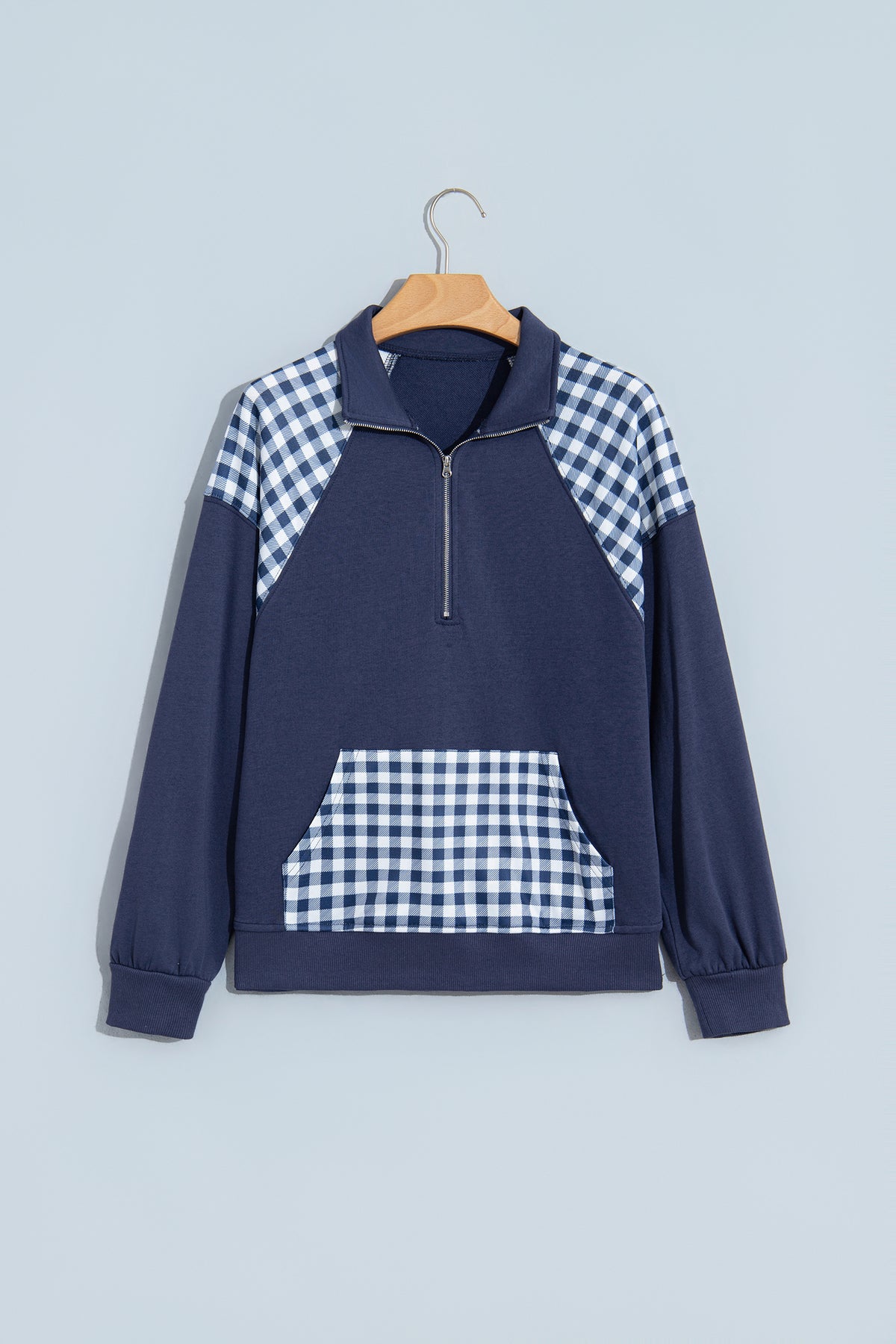 Pink Patchwork Plaid Pocket Quarter Zip Sweatshirt