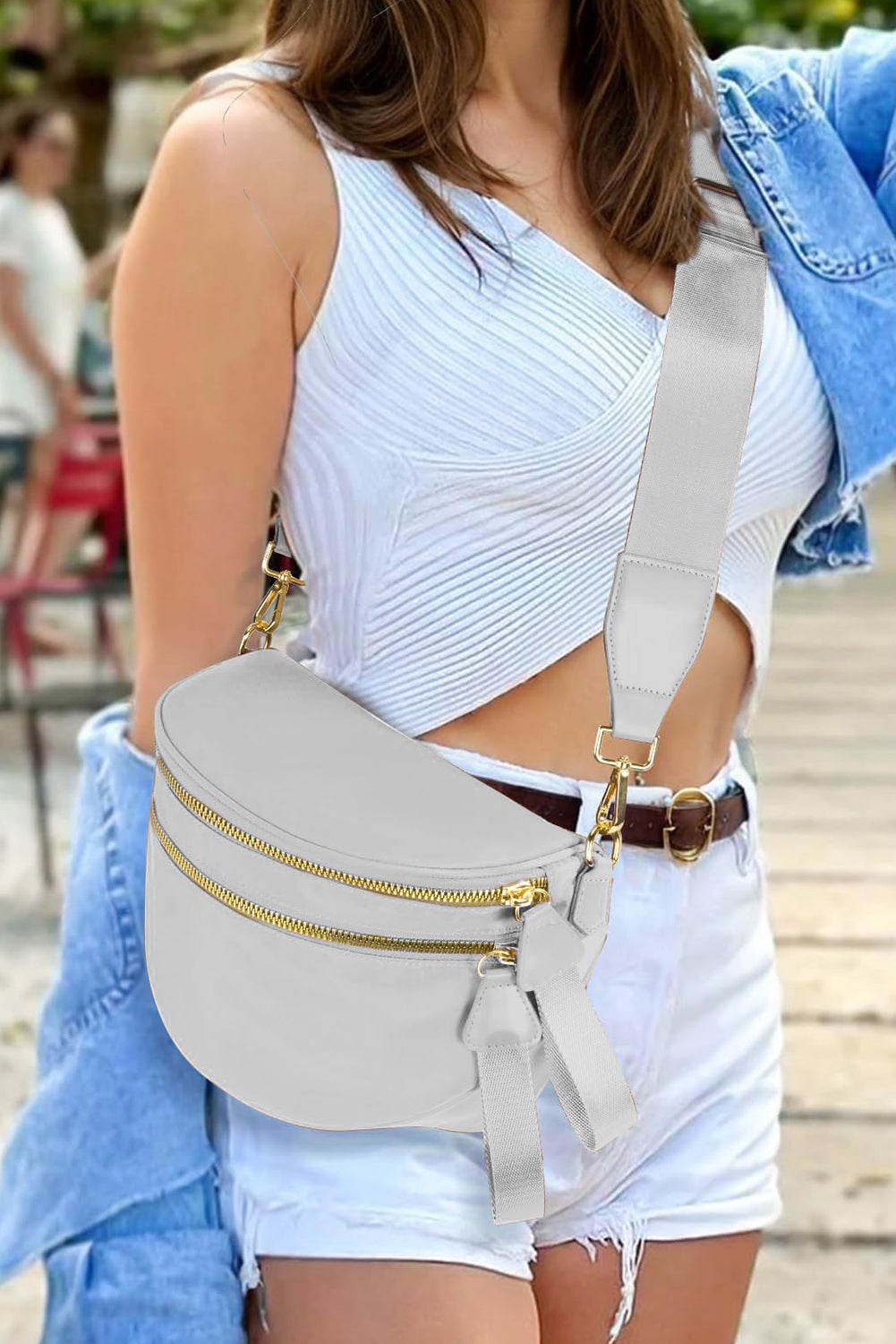 Light Blue Double Zip Crescent Shape Adjustable Sling Bag