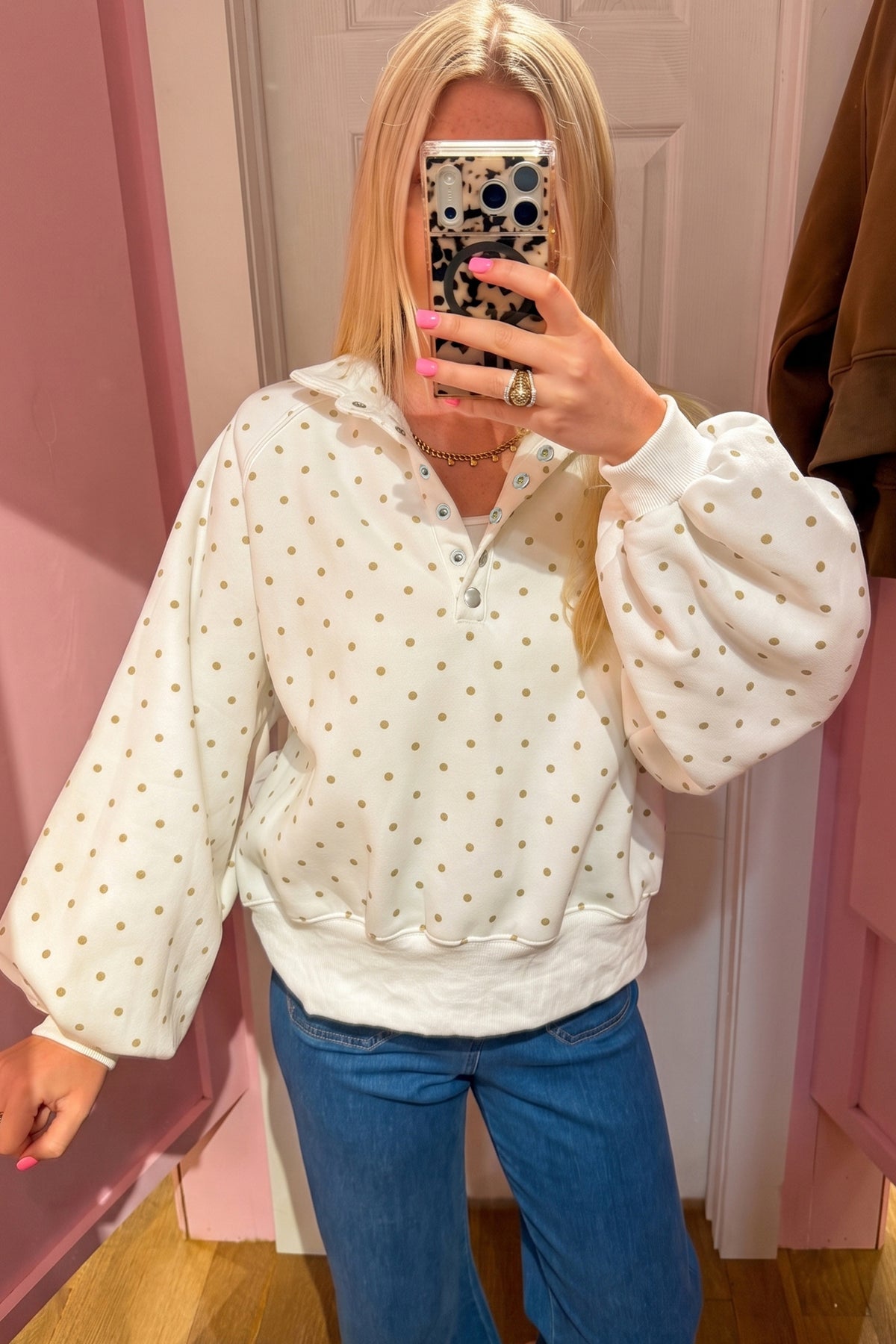 White Polka Dot Print Metal Button Collar Casual Pullover Sweatshirt