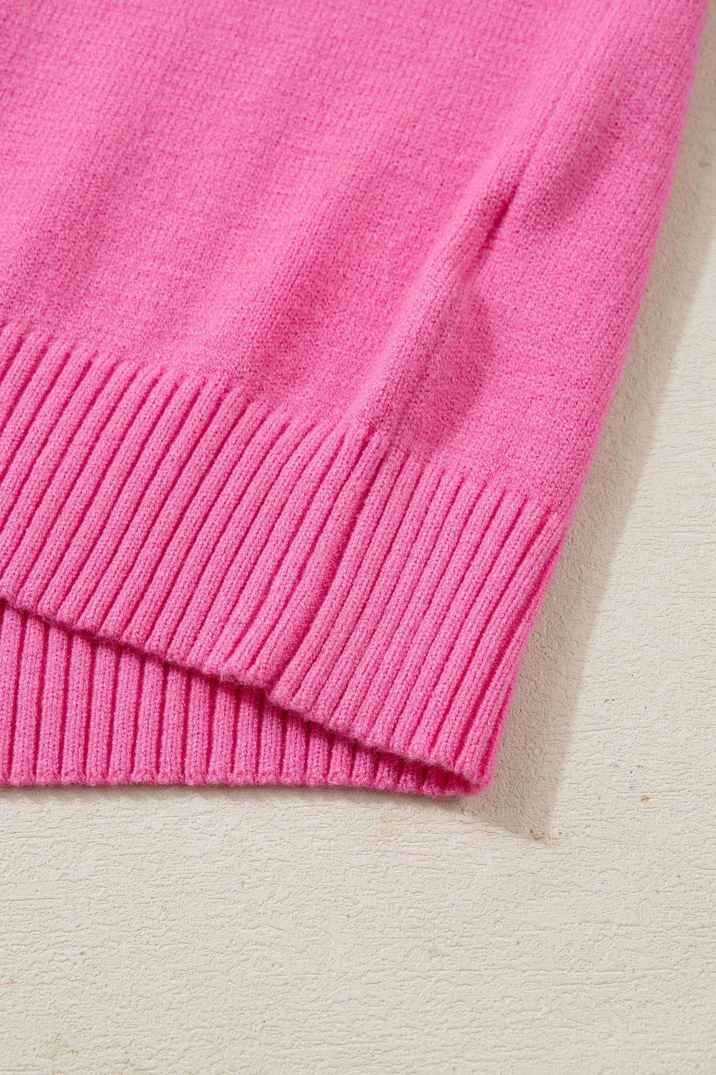 Ribbed Trim Round Neck Ruffle Short Sleeve Sweater: Sachet Pink / XL
