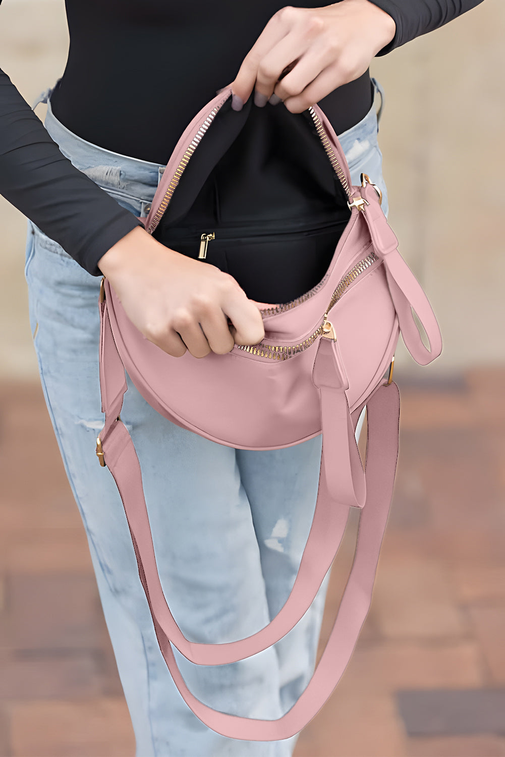Light Blue Double Zip Crescent Shape Adjustable Sling Bag