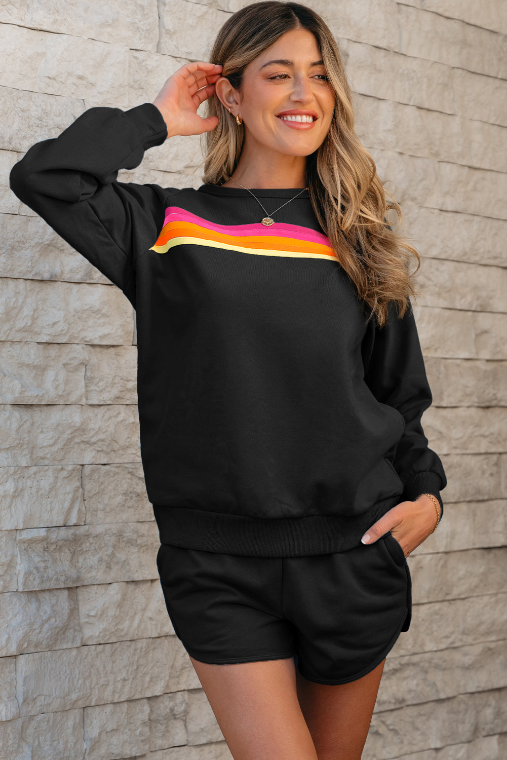 Luxury Striped Accent Pullover and Shorts Two Piece Casual Set