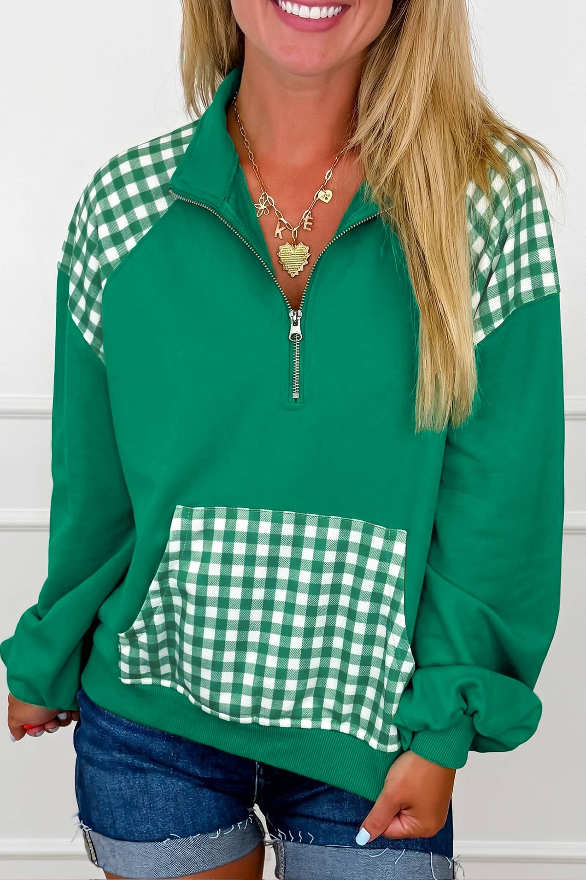 Pink Patchwork Plaid Pocket Quarter Zip Sweatshirt