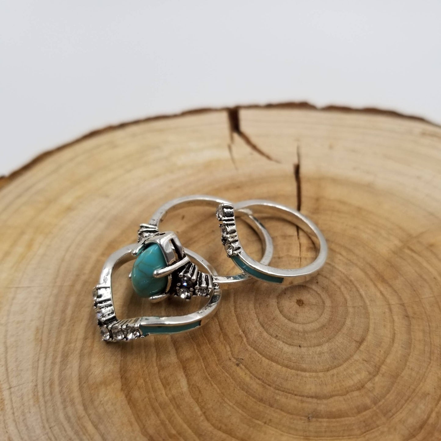 Silver Vintage Turquoise & Diamond Ring Set Of 3: 6
