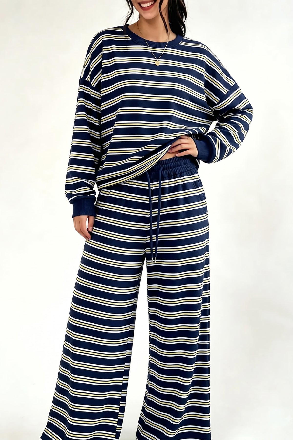 Rose Stripe Back Cutout Long Sleeve Top and Wide Leg Pants 2pcs Set