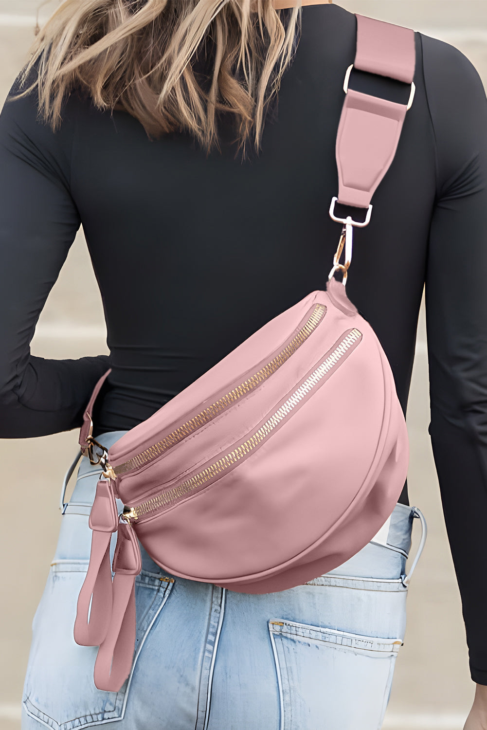 Light Blue Double Zip Crescent Shape Adjustable Sling Bag