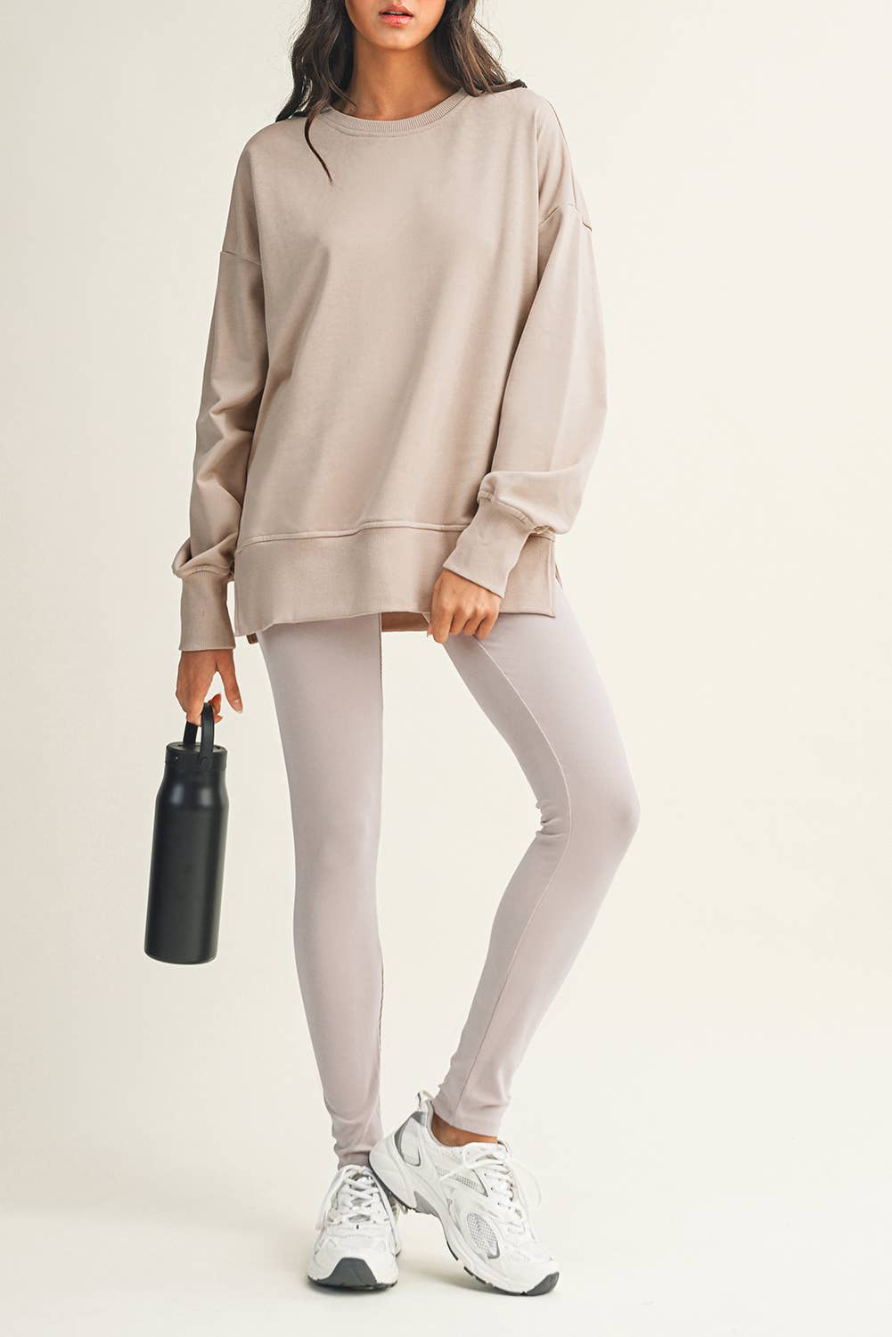 LDC Solid Color Slit Sweatshirt Ribbed Leggings 2pcs Set: Green Bay / XL