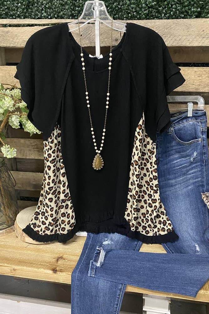 O-neck Short Sleeve Leopard Stitching Top CY210624: Black / L