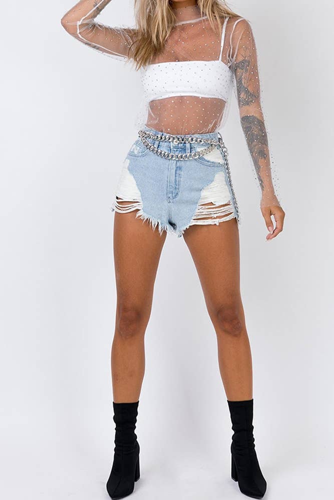 See Through Sheer Mesh Sequin Underwear Top ZZKF818: White / L