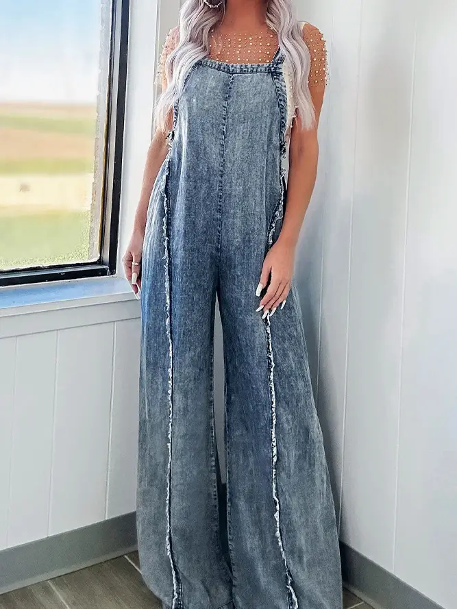 Washed Raw Hem One Piece Wide Leg Jumpsuit Overall