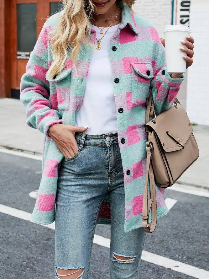 Single-Breasted Long Plaid Tweed Coat with Pockets