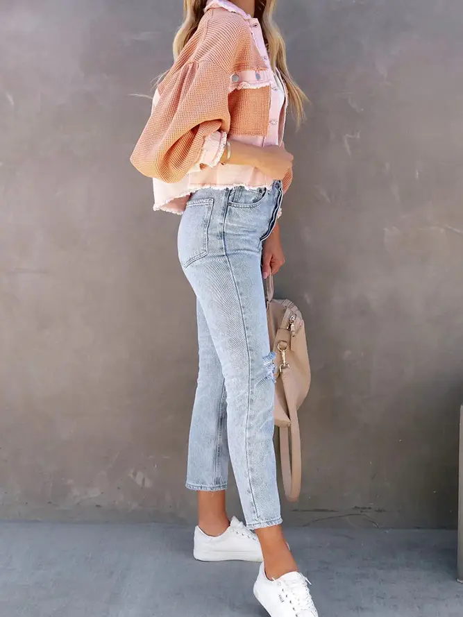 Plain Waffle Knit Button Up Crop Shacket