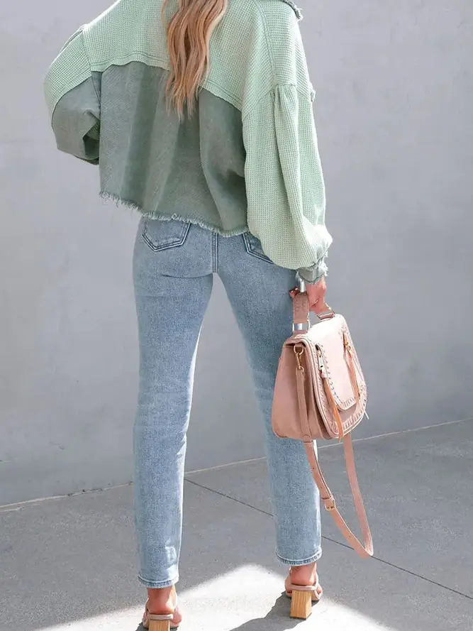 Plain Waffle Knit Button Up Crop Shacket