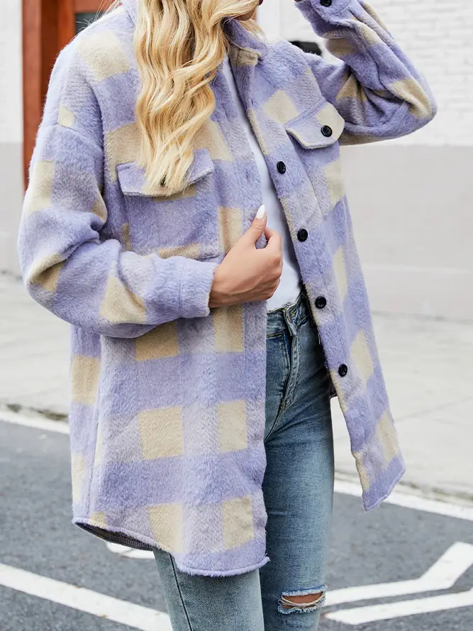 Single-Breasted Long Plaid Tweed Coat with Pockets