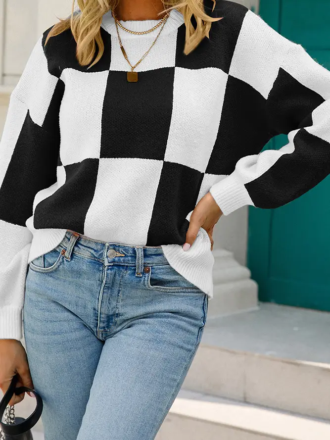 Checked Plaid Knit Pullover Sweater