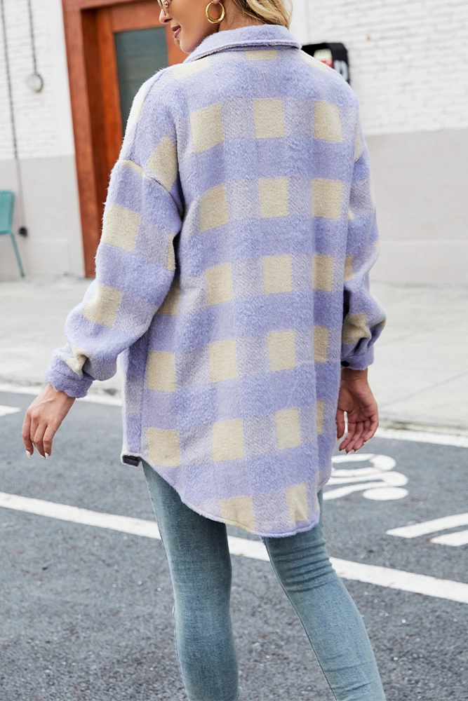 Single-Breasted Long Plaid Tweed Coat with Pockets