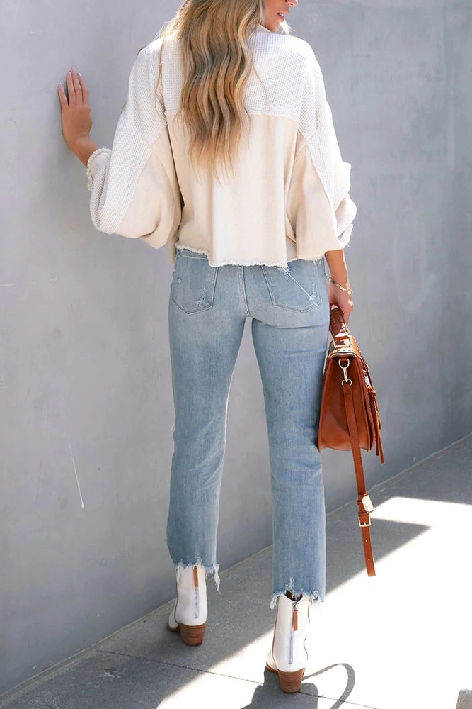 Plain Waffle Knit Button Up Crop Shacket