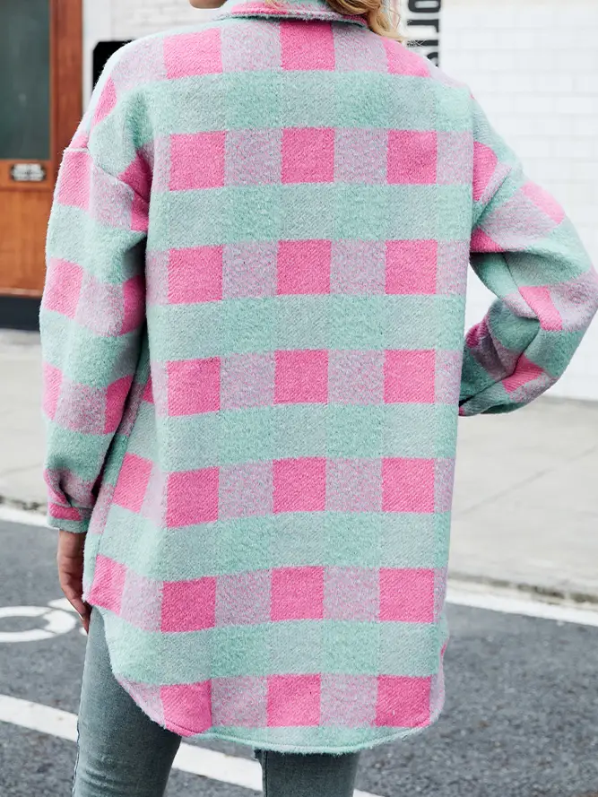 Single-Breasted Long Plaid Tweed Coat with Pockets